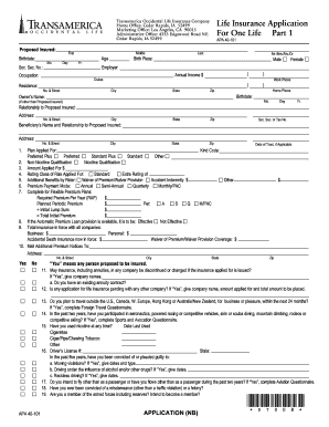 Transamerica Variable Universal Life Insurance Application Supplement