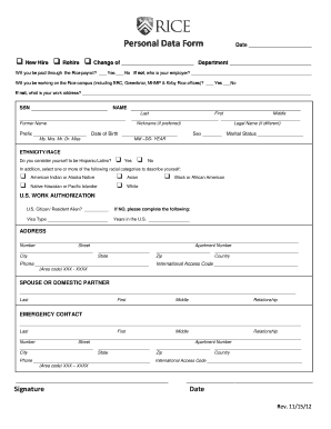 Rice University Personal Data Form