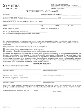 Symetra Life Insurance Policy Change Form