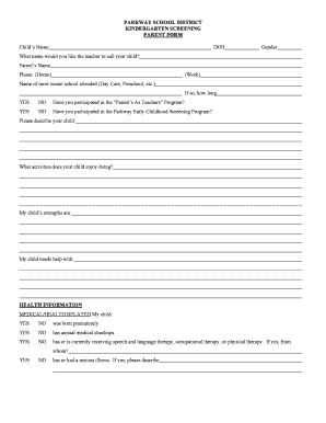 Parkway School District Kindergarten Screening Parent Form