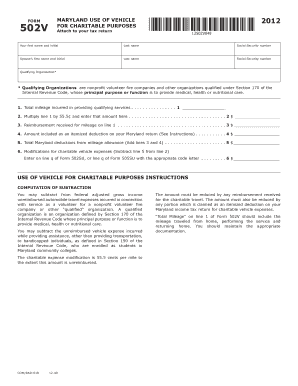 Maryland Use of Vehicle for Charitable Purposes Form 502V