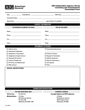 AIG Licensing and Commissions Transmittal Form