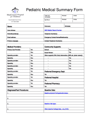 Pediatric Medical Summary Form