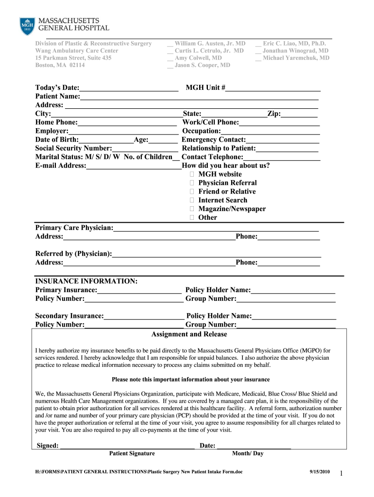 2010 MGH Plastic Surgery New Patient Intake Form Fill Online Printable 