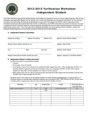 2012–2013 Verification Worksheet