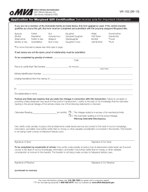 Maryland Gift Vehicle Transfer Form VR-103