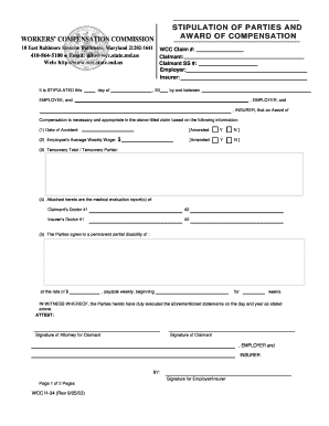 Siptulation of Parties and Award of Compensation H-34. Form H-35 version 9/2003 - wcc state md