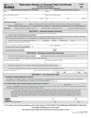 Nebraska Resale or Exempt Sale Certificate
