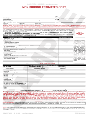 Non Binding Estimated Cost Form