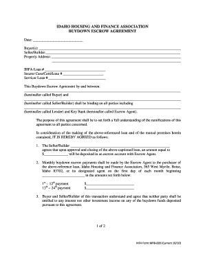 Simple escrow agreement sample - Idaho housing and finance association buydown escrow agreement