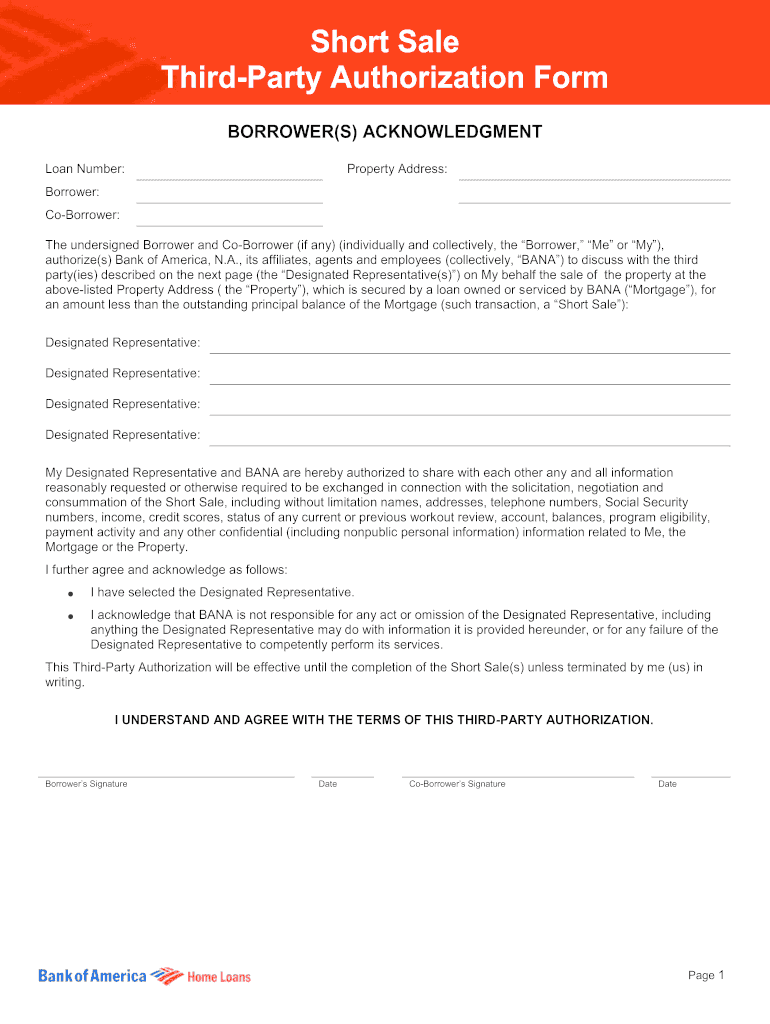 Short Sale Third-Party Authorization Form - Short Sale Agent ... Preview on Page 1