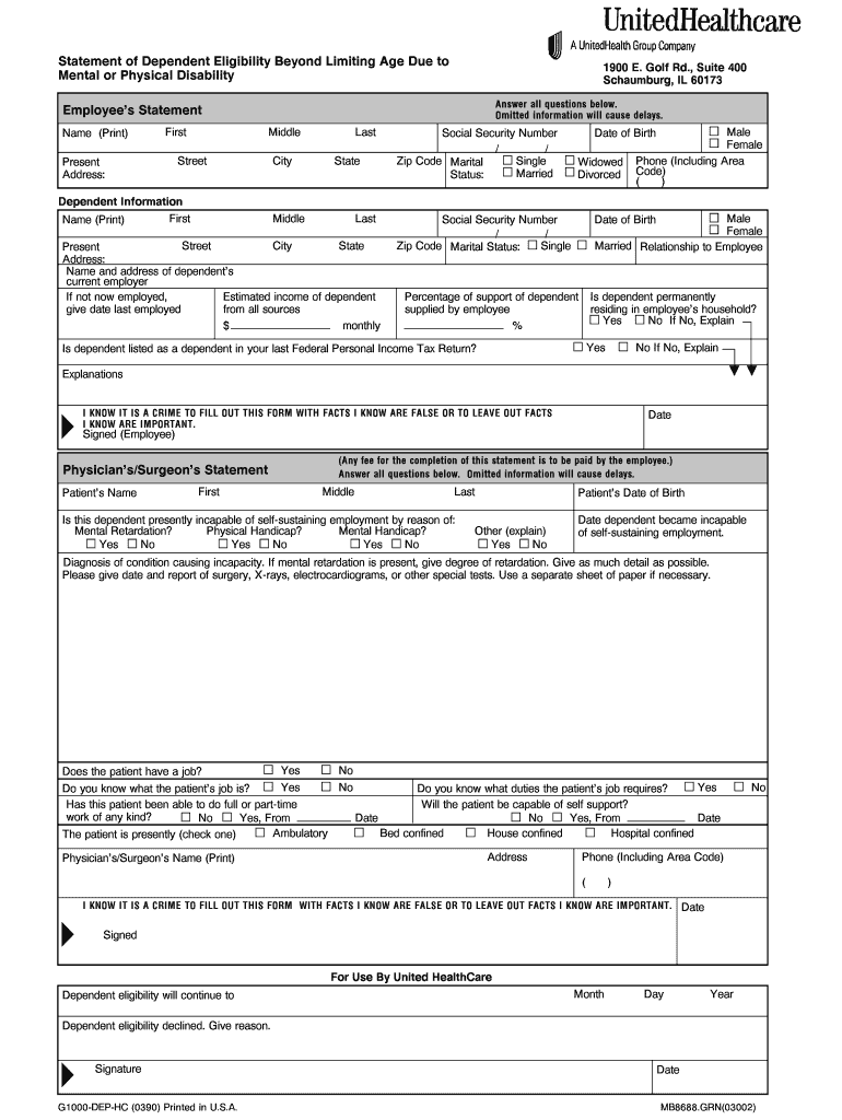 uhc disabled dependent form Preview on Page 1.