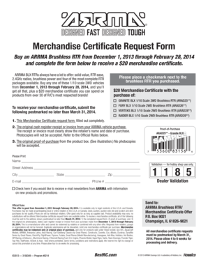 ARRMA Brushless RTR Merchandise Certificate Request Form