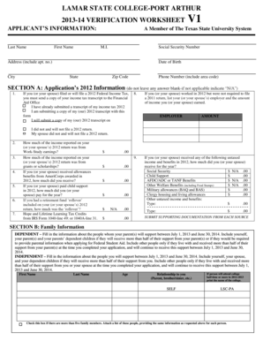 Lamar State College Verification Worksheet