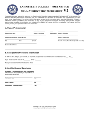 Lamar State College Verification Worksheet