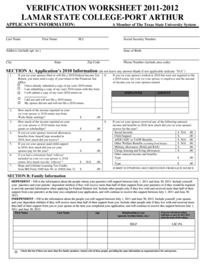 Lamar State College Verification Worksheet 2011-2012