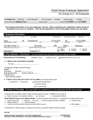 Small Group Employee Health Insurance Application
