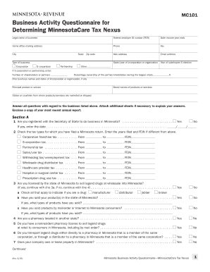 MinnesotaCare Tax Nexus Business Activity Questionnaire