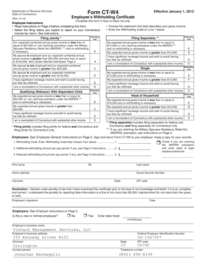 Printable star certificate template - Form CT-W4, 2012 Employee's Withholding Certificate - Vintech