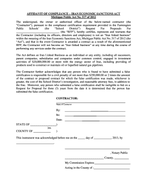 Final release form - Affidavit of compliance iran economic sanctions act - Farmington bb