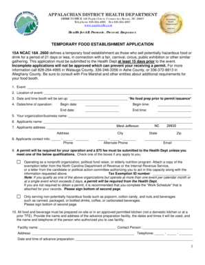 North Carolina Temporary Food Establishment Application