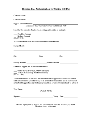 Riggins Inc. Online Bill Pay Authorization