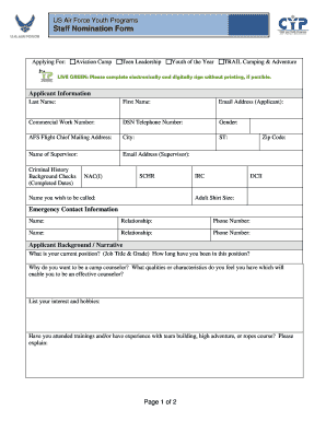 US Air Force Youth Programs Staff Nomination Form