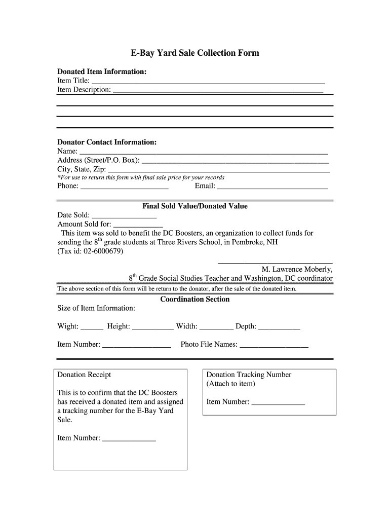 Fillable Online EBay Yard Sale Collection Form Sau 53 Fax Email