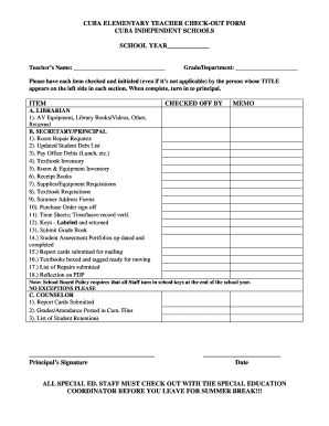 Fillable Online Cuba Elementary Teacher Check Out Form Cuba Fax Email Print Pdffiller