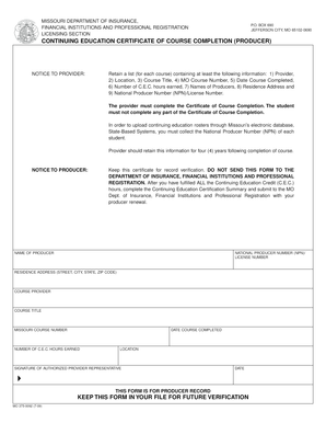 Missouri Continuing Education Certificate of Course Completion