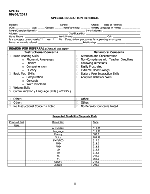 Special Education Referral Form SPE 15