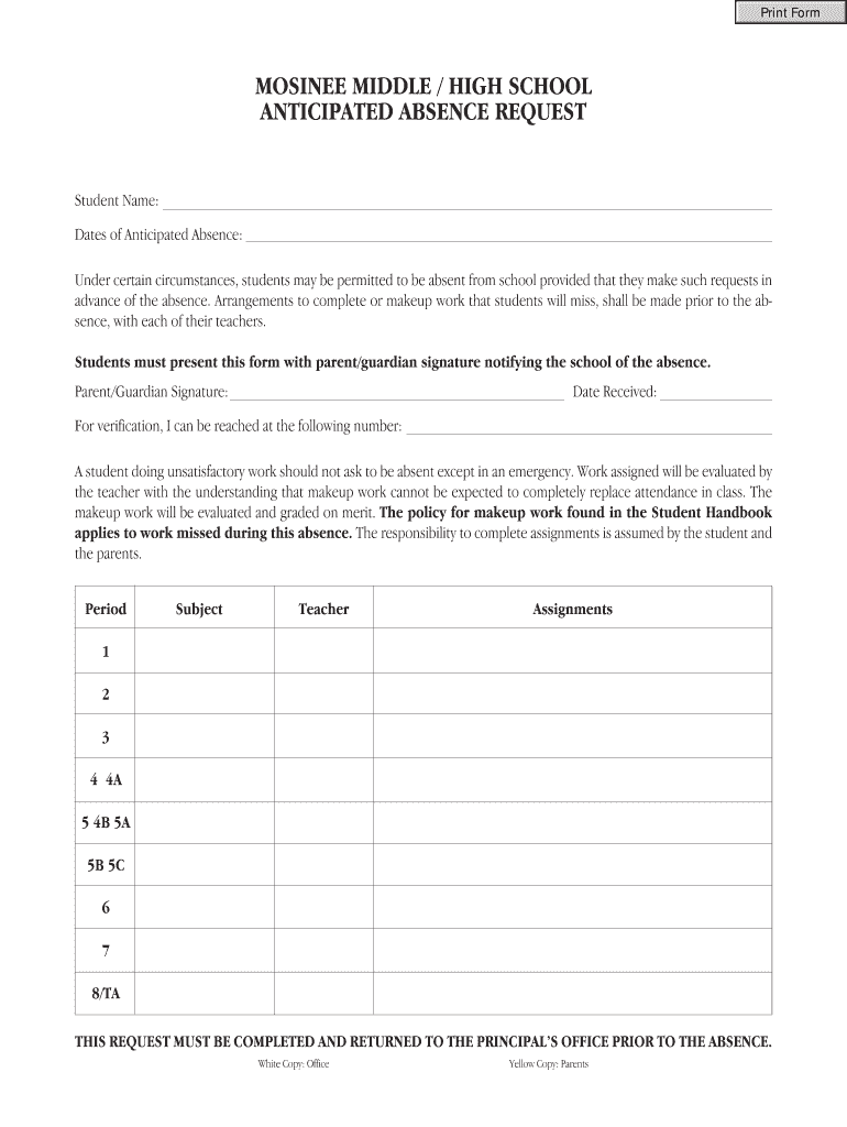 Fillable Online mosineeschools Anticipated Absence Form Mosinee