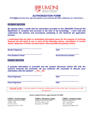 Student Financial Aid Authorization Form