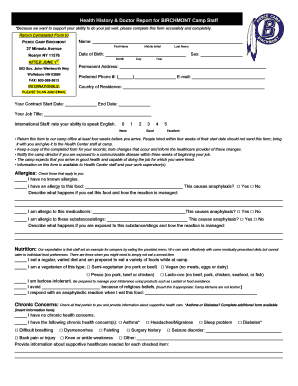 Health History & Doctor Report for Camp Staff