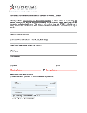 Authorization Form to Begin Direct Deposit of Payroll Check