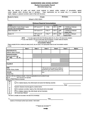 Oconomowoc Area School District Student Immunization Record