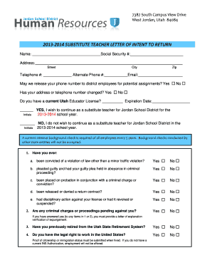 Utah Substitute Teacher Intent to Return Form
