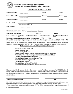 Printable change of address template - CHANGE OF ADDRESS FORM - Ossining Union Free School District