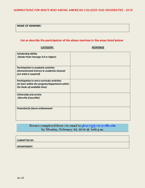 Who's Who Among American Colleges and Universities Nomination Form