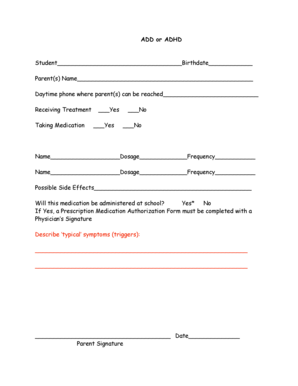 ADHD Student Treatment Form