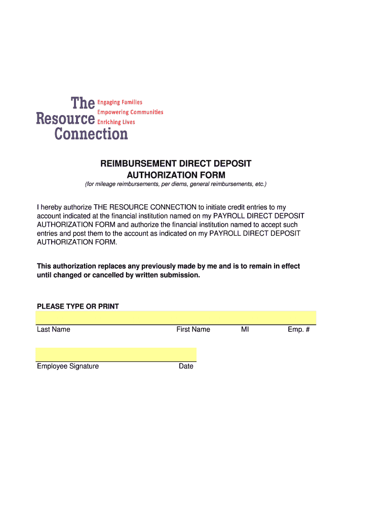 Fillable Online Reimbursement direct deposit authorization form The