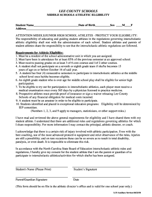 Lee County Middle Schools Athletic Eligibility Form