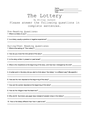 The Lottery Reading Worksheet