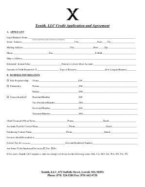 Xenith LLC Credit Application and Agreement