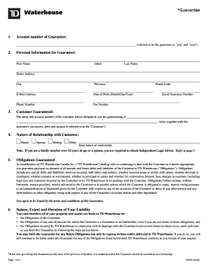 TD Waterhouse Guarantee. Accounts can be linked together as "Guarantee / Guarantor" by way of a signed personal guarantee form. That way, for example, should a "linked" account be in a house call position, if the account