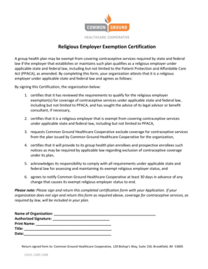 Religious Employer Exemption Certification