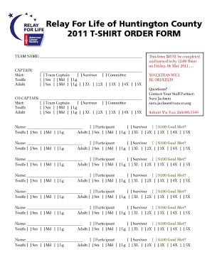 T-SHIRT ORDER FORM - Relay For Life - relay acsevents