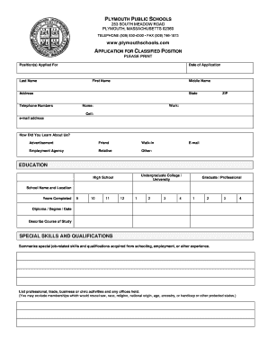 Plymouth Public Schools Classified Position Application