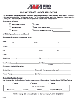 2013 AMA Pro Racing Motocross License Application