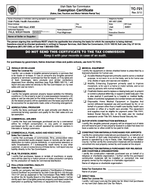 Utah Sales Tax Exemption Certificate TC-721